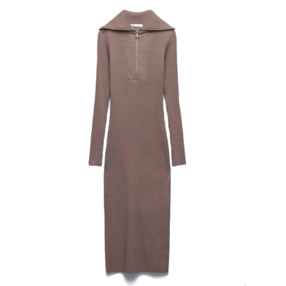 Zara Mink Fitted Ribbed Peter Pan Collar Zip Midi Dress